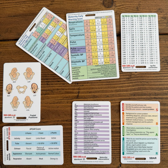 YardCard Student Midwife Lanyard Card Set | Baby Weight Conversions, Bishop Score, Foetal Positions, Abbreviations Active
