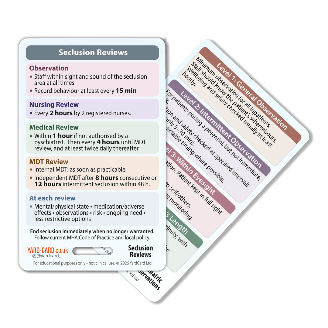 YardCard Mental Health Nursing Reference Cards – Set of 4 | MSE, Risk Assessment, Mental Health Act, Mental Capacity Act, Observations & Seclusion | For Nurses, Students & Doctors