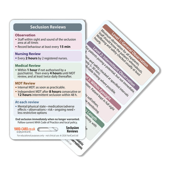 YardCard Mental Health Nursing Reference Cards – Set of 4 | MSE, Risk Assessment, Mental Health Act, Mental Capacity Act, Observations & Seclusion | For Nurses, Students & Doctors