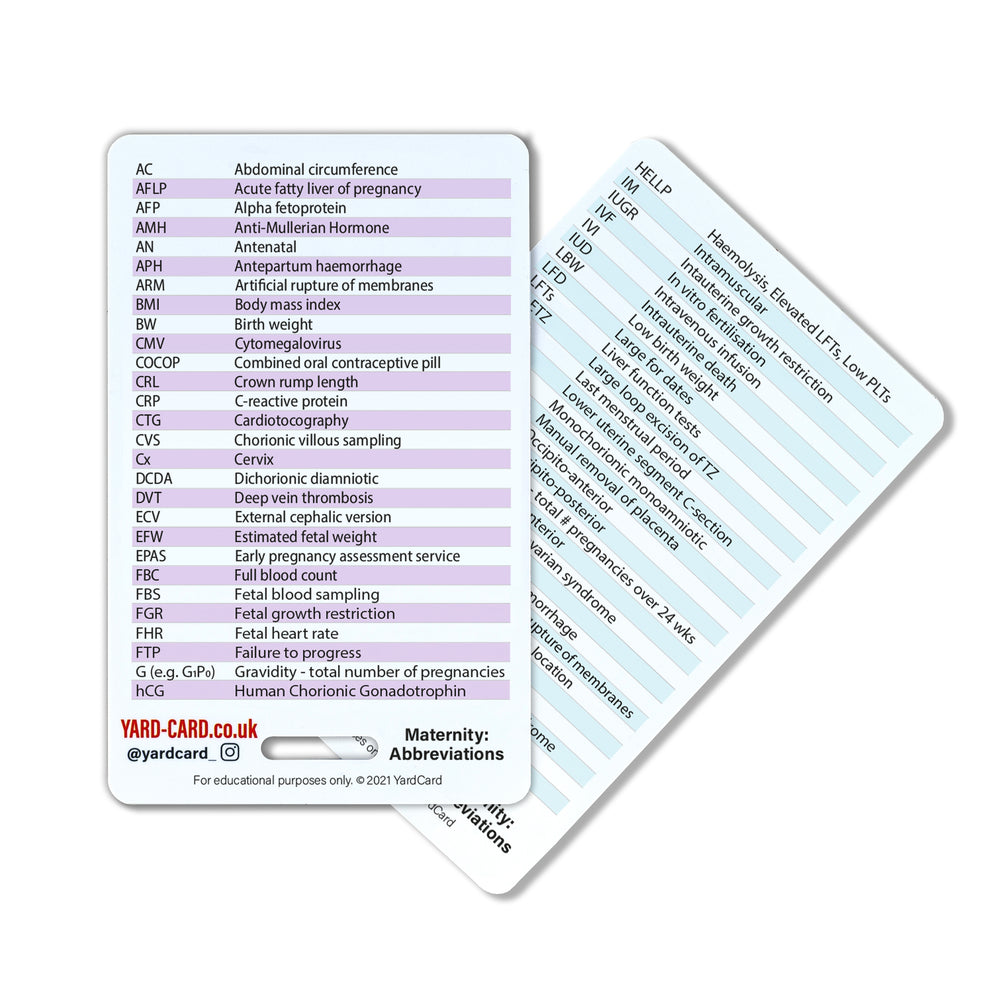 YardCard Student Midwife Lanyard Card Set | Baby Weight Conversions, Bishop Score, Foetal Positions, Abbreviations Active