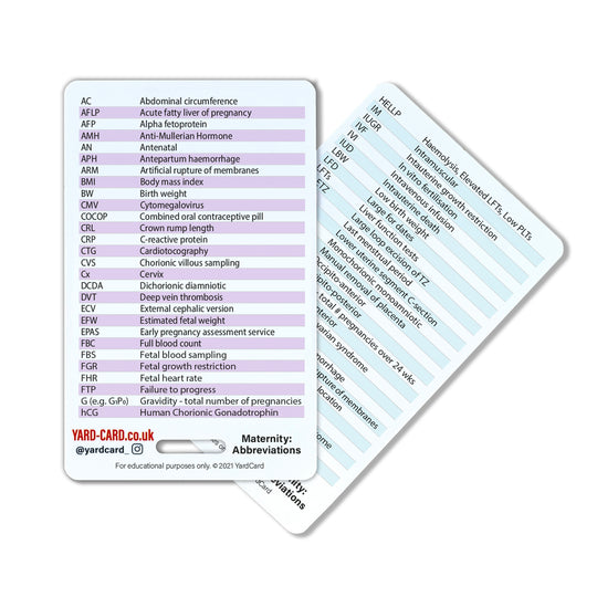 YardCard Student Midwife Lanyard Card Set | Baby Weight Conversions, Bishop Score, Foetal Positions, Abbreviations Active
