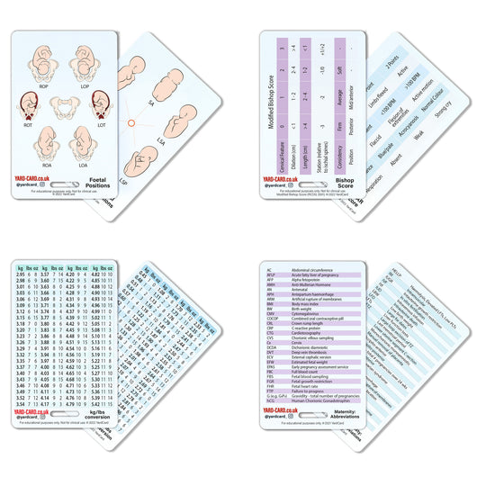 YardCard Student Midwife Lanyard Card Set | Baby Weight Conversions, Bishop Score, Foetal Positions, Abbreviations Active